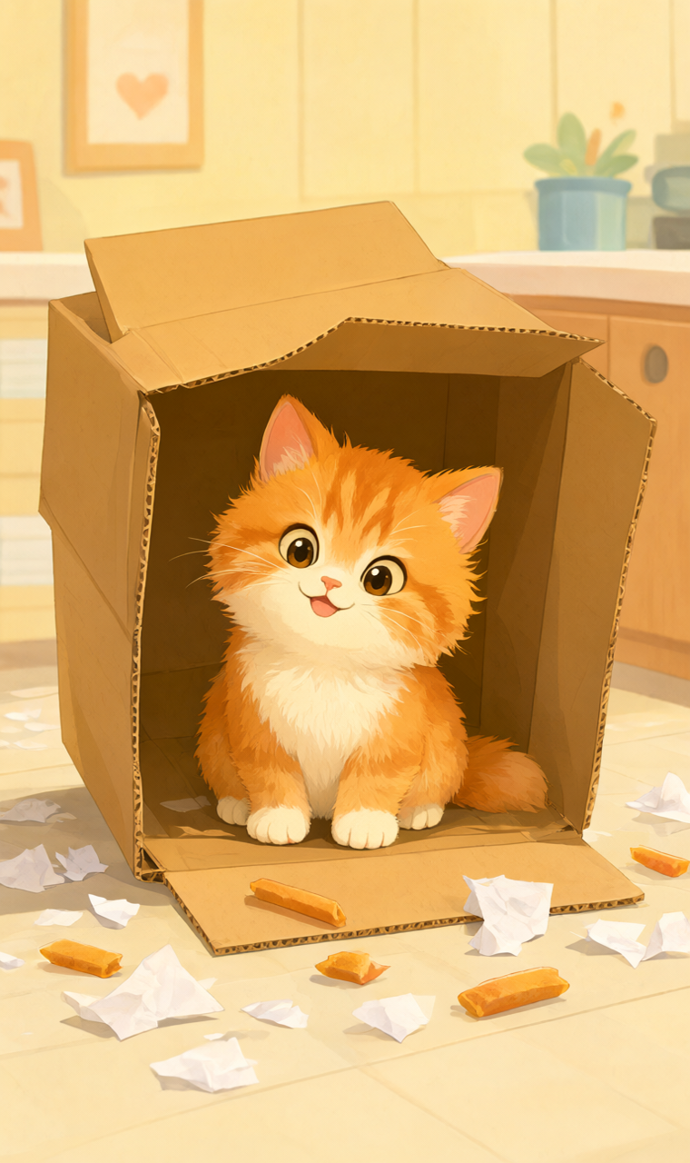 Рыжий озорной котёнок сидит в перевёрнутой картонной коробке на кухонном полу, вокруг разбросаны рыбные лакомства и обрывки бумаги, глаза удивлённо-хитрые